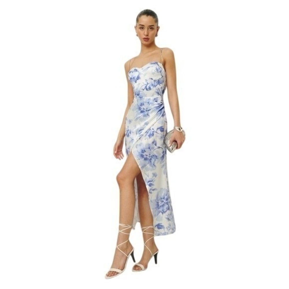 Rare Reformation Blue Floral Satin Dress 12 Large Sweetheart, Slit, Wedding NWT‎